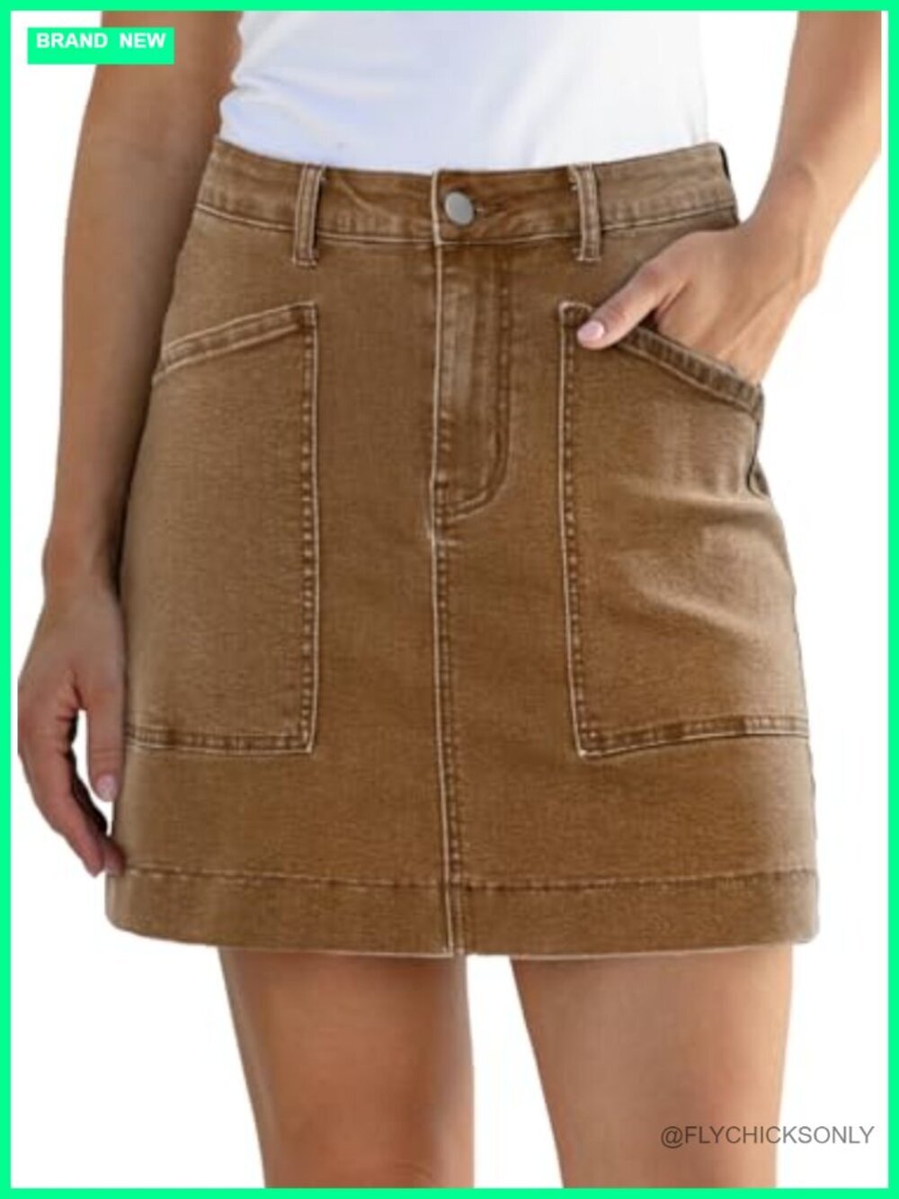 High Waisted Denim Skirt with Pockets Casual Summer Stretch Cotton Blend